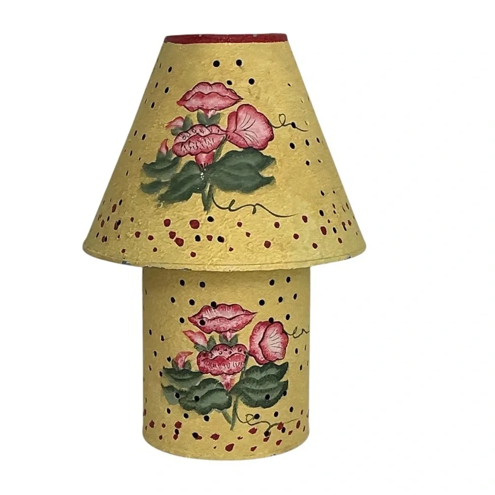 Vintage Hand Painted Galvanized Metal Jar Candle Lamp Yellow Floral 2000